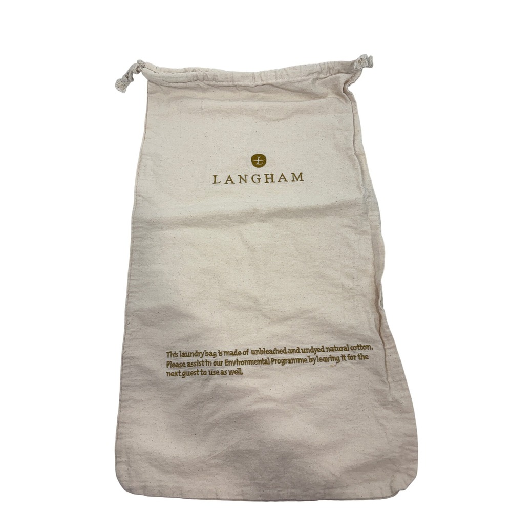 Langham Hotels Natural Cotton Drawstring Laundry Bag Cream Gold Logo Travel Bag